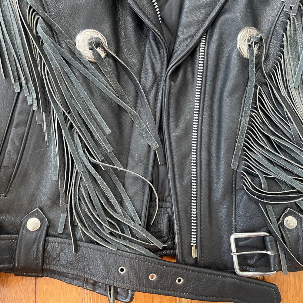 Vintage biker fringe black leather moto jacket - Picture 6 of 16